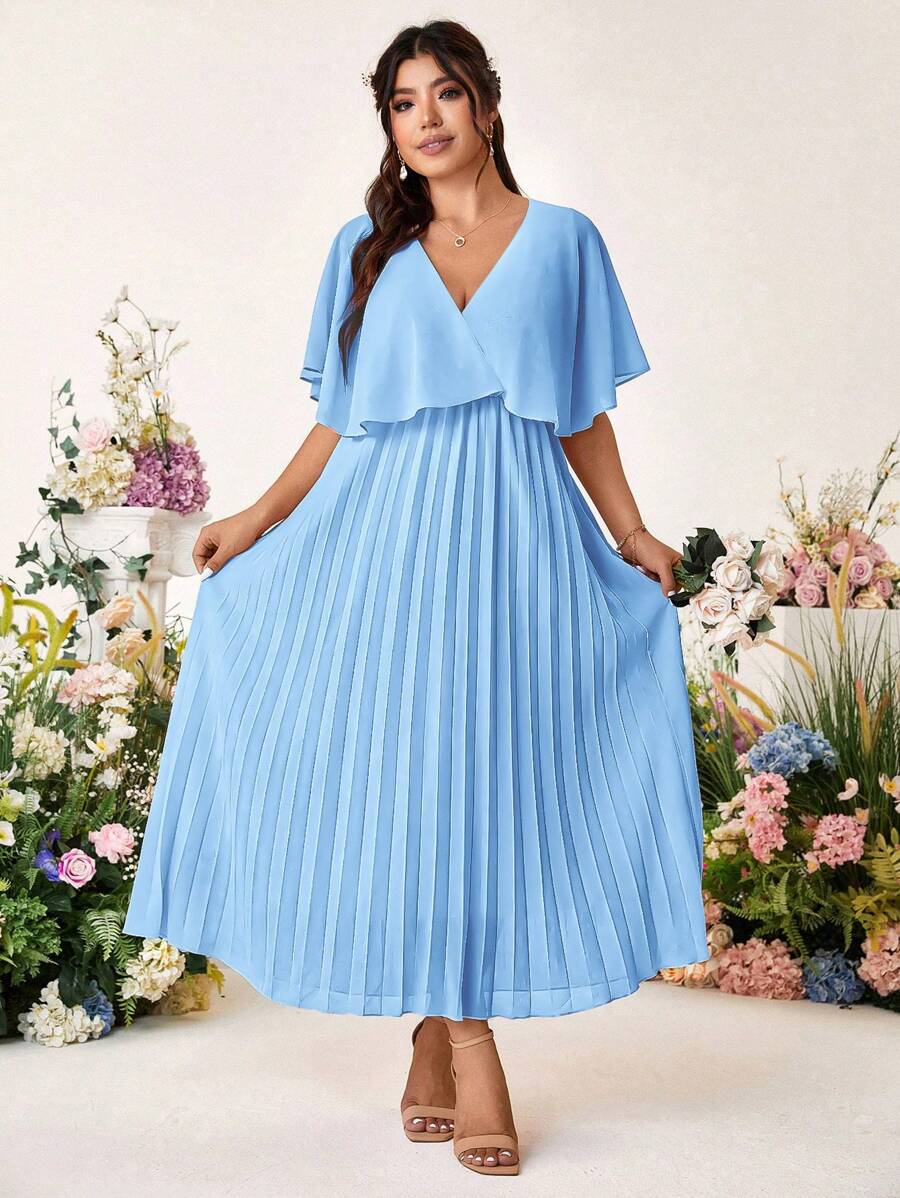 Cravure Plus Size Women Elegant Solid Chiffon Pleated Waist A-Line Midi Dress Wedding Day Wedding Guest