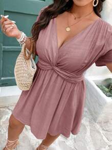 SHEIN Frenchy Đầm xuân thanh lịch cỡ lớn, eo chéo, cổ chữ V, tay ngắn - Hồng - Xem 4