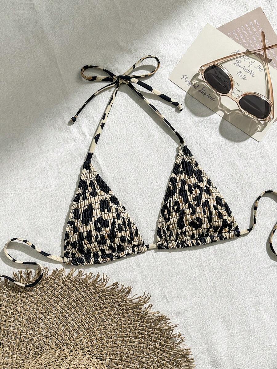 Swim Vcay Women's Leopard Print Halter Neck Tie Bikini Top For Sexy Beach Vacation Summer