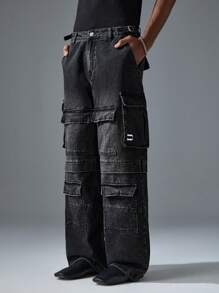 NEON BLANC Loose Fit Long Washed Denim Jeans With 3D Pockets For Men, Street Fashion Style - Black - View 3