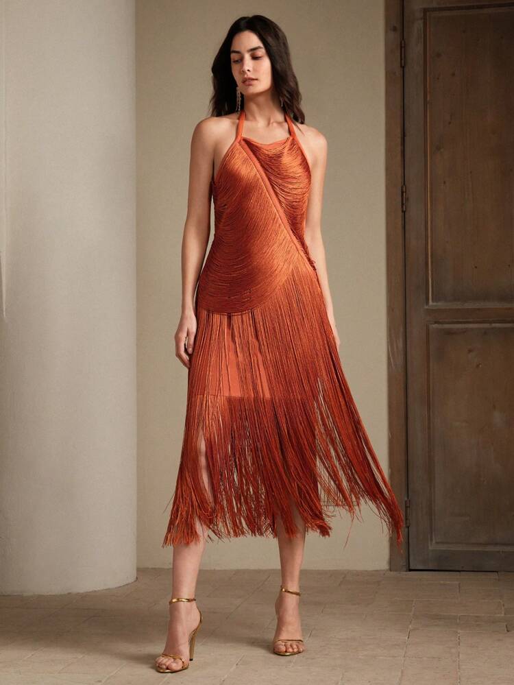 Summer,Elegant,Vacation, Backless, Festival Rose Red Layered Fringed Sleeveless Evening Dress For New Year Clothes