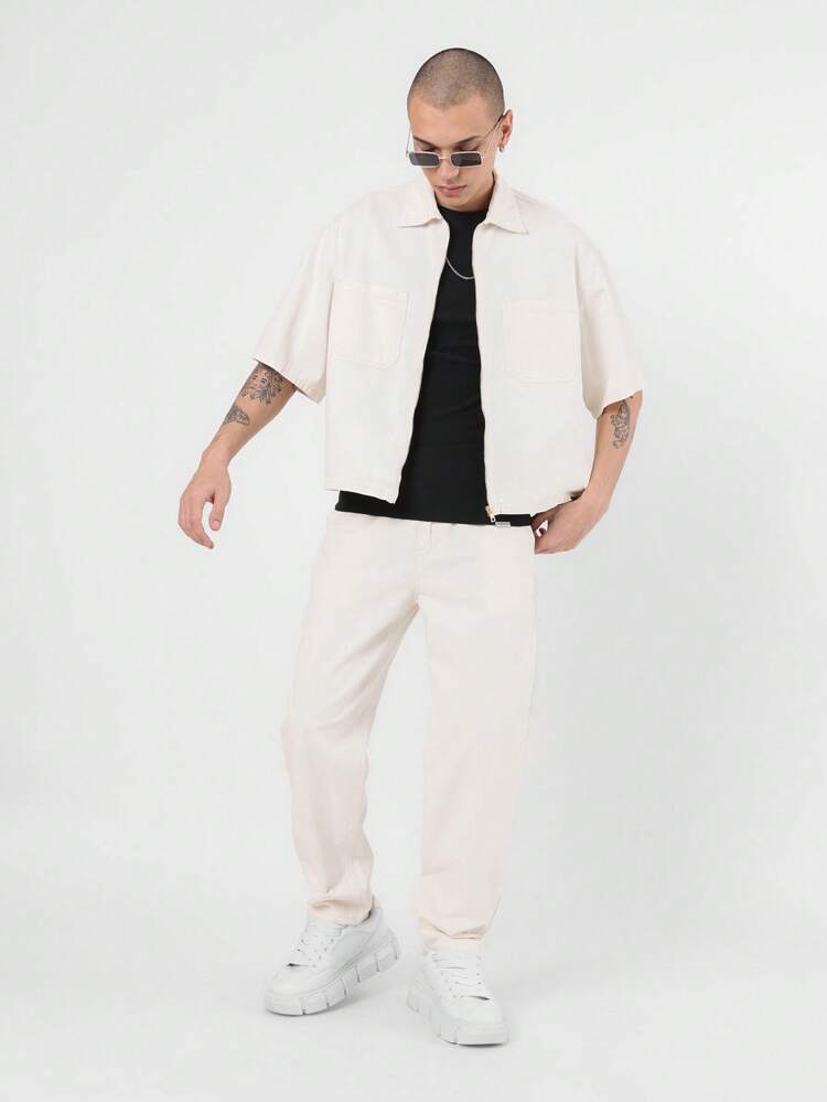 Men Denim Co-Ord Set Casual Zip-Up Shirt Jacket Straight Leg Pants