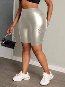 Slaydiva 加休闲街头工作服立体口袋宽腰修身长裤骑行裤针织女士短裤弹力皮革 - 銀色 - 查看 5