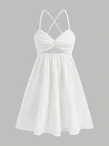Girlism Vestido con burbujas con tirantes de espagueti, corte calado y textura de gasa esmocada blanca para adolescentes, atuendo casual y de vacaciones, conjunto de playa para primavera/verano