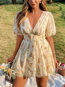 SHEIN LUNE Plus Size V-Neck Short Sleeve Chiffon Printed Jumpsuit, Vacation Style - Apricot - View 1