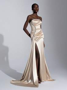 Elitara Váy suông dài màu sâm panh sang trọng, thanh lịch và lộng lẫy, chất liệu satin cao cấp, kim cương thủ công, không dây, xếp ly, đuôi cá xẻ tà gợi cảm, có tua rua và viền váy xòe, thích hợp cho các buổi hẹn hò, tiệc đơn, tiệc cocktail, lễ tốt nghiệp, tiệc tối, tiệc cưới, dạ hội - Rượu sâm banh - Xem 7