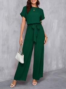 SHEIN Clasi Plus Size Elegant Round Neck Jumpsuit With Waist Belt & Wide Leg,Office Outfits For Women - Dark Green - View 3