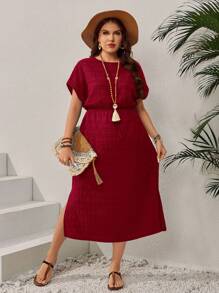 EMERY ROSE Plus Size Solid Color Simple Round Neck Short Sleeve Casual Everyday Dress,Summer Outfits For Women/Summer,Tropical Vacation Woman Clothes - Burgundy - View 6