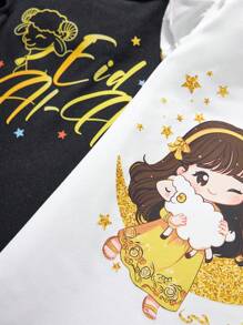 SHEIN 2 件套女婴休闲可爱宰牲节图案连帽袖连体衣，柔软舒适的针织面料，适合宝宝日常穿着、春夏季、宰牲节和休闲户外活动 - 黑與白 - 查看 3