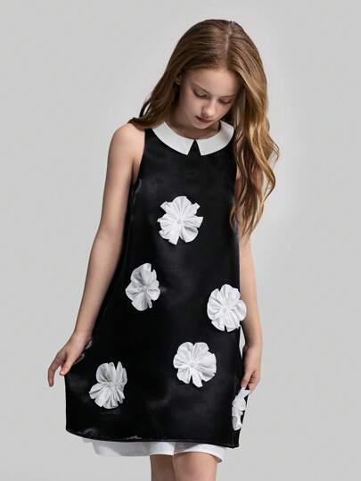 Ontre Tween Girls Spring/Summer Simple Stylish Versatile Pullover Dress, Ribbed Collar, V-Back, A-Line, Satin Front Floral Decor Accent, For Outings, Home, School, Parties