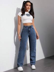 SHEIN EZwear Damen Lose Passform Gerade Bein Taschen Lässig Vielseitige Jeans