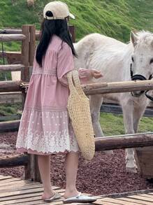 DAZY Mid-Long A-Line Lace Splice Solid Color Princess Round Neck Long Sleeve Tween Girl Dress - Pink - View 2