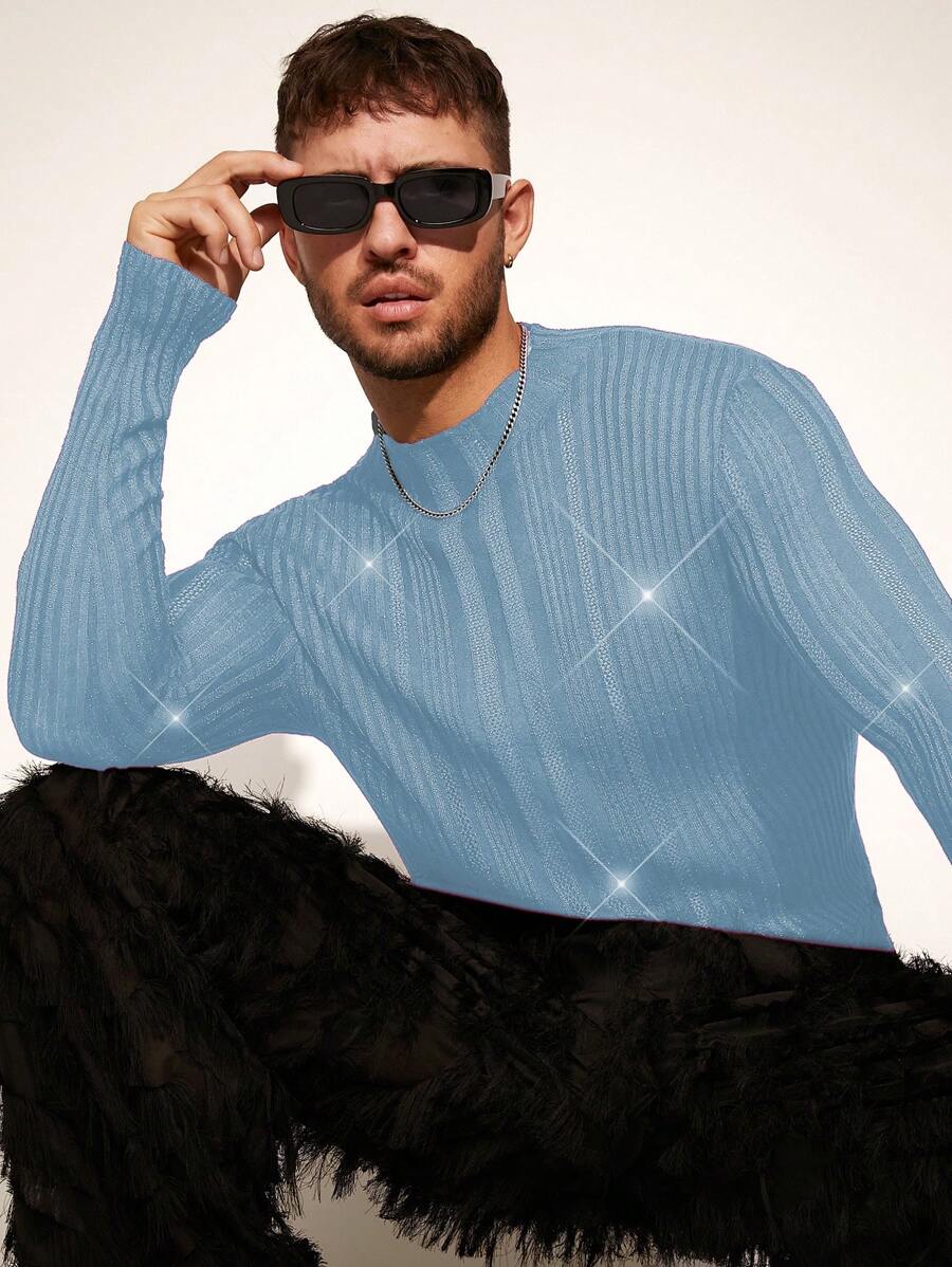 Manfinity Fever City Men's Knitted Solid Long Sleeve Minimalist Top, Suitable For Summer - Baby Blue - View 1