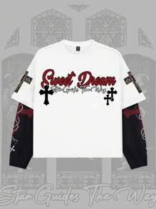 ROMWE MEN Goth Men's Religious Round Neck 2 In 1 Letter Print Long Sleeve T-Shirt - White - View 2