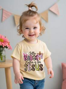 Baby Girl Fashionable Colorful Easter Rabbit & Letter Print Short Sleeve T-Shirt, Summer - Yellow - View 1