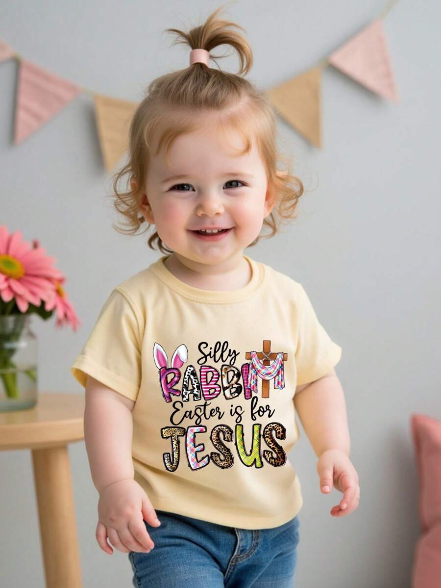 Baby Girl Fashionable Colorful Easter Rabbit & Letter Print Short Sleeve T-Shirt, Summer - Yellow - View 1