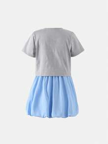 Girls Cute Sweet Round Neck Fitted Check Bow Short Sleeve T-Shirt And Short Solid Color Lantern Hem Skirt 2pcs Set - Blue - View 2