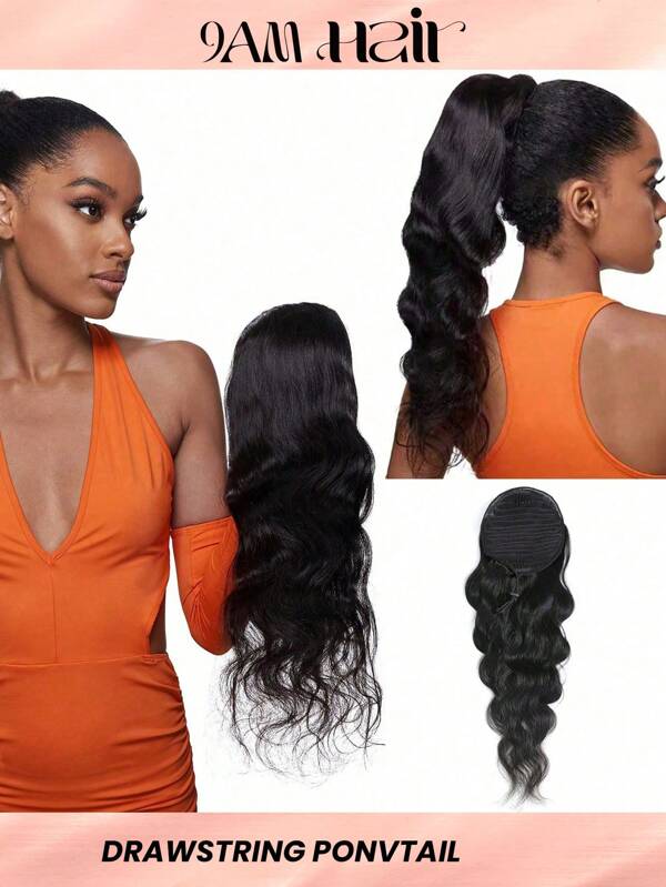 Extensiones de cabello humano con efecto ondulado a la altura de la cola de caballo, con una densidad del 130%, en color negro natural