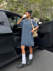 Muchica 做旧雪洗宽松短袖迷你连衣裙 - 藍色 - 查看 6