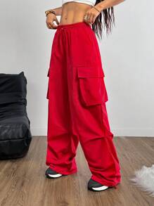 Coolane Pantalones cargo con bolsillo de solapa rojo, cordón en la cintura