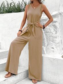 Breezaya Solid Sleeveless Casual V-Neck Twist Romper For Women - Khaki - View 3