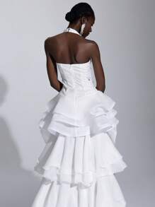 Elitara Elegant White Sequins Embroidered 3D Flower Deep V-Neck Sleeveless Ruffled Hem Maxi Dress, Suitable For Wedding, Bride, Bridal Shower Gown