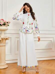SHEIN 2pcs/Set Women's Simple & Elegant Floral Embroidery Pattern Long Sleeve Blouse And Pants Set