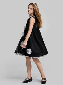Ontre Vestido pullover sencillo y versátil para niñas preadolescentes de primavera/verano, con cuello acanalado, espalda en V, línea A, adorno floral en el frente de satén, para salidas, hogar, escuela y fiestas - Negro - Ver 4