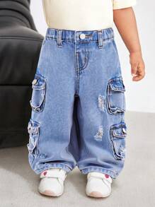 SHEIN Baby Girls Y2K Cute Blue Denim Loose Fit Distressed Cargo Pants,Kid Girls Spring And Summer Casual Vacation Country Boho Wear, Beach Outfits For Kid Girls,Western Street Wear For Girls - Light Wash - View 1