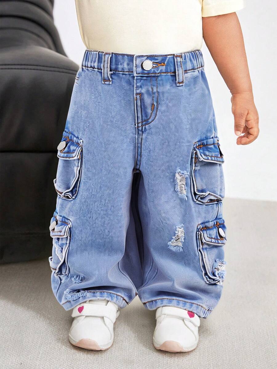 SHEIN Baby Girls Y2K Cute Blue Denim Loose Fit Distressed Cargo Pants,Kid Girls Spring And Summer Casual Vacation Country Boho Wear, Beach Outfits For Kid Girls,Western Street Wear For Girls - Light Wash - View 1