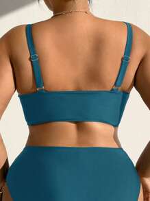 SHEIN Swim Curve Plus Size Solid Color Hollow-Out Swimwear Top - Teal Blue - View 2