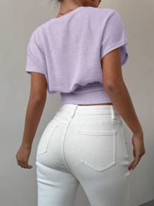 Aloruh Camiseta casual de mujer de cuello redondo, mangas tipo murciélago y unicolor con cintura