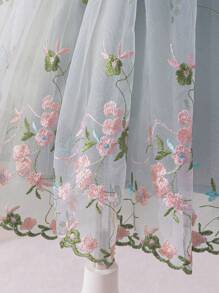 Young Girl Woven Mesh Embroidered Square Collar Fitted Dress - Blue - View 5