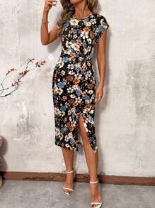 SHEIN Clasi 收腰扭结 V 领开衩下摆女式连衣裙 - 黑色 - 查看 6