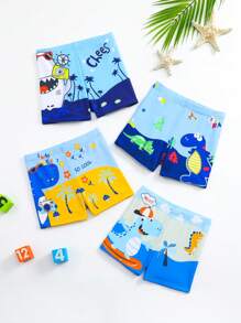 4pcs/Set Young Boy Comfortable Dinosaur & Shark Print Swimming Trunks - Multicolor - View 1