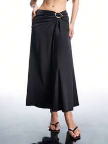 LYSMO 2025 New Arrival Summer Women's Matte Satin Asymmetrical One-Shoulder Knot Top And Knot Detail Skirt Set,Party Cloth - Black - View 8