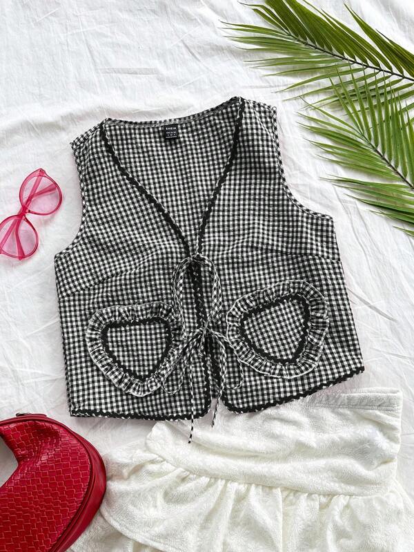 SHEIN WYWH Plus Size Women Vacation Woven Red & White Plaid V-Neck Sleeveless Tie Front Bow Vest, Wave Trim Tape Patchwork, Heart Pocket, Ruffle Trim Patchwork