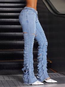 Jeanoix Jeans acampanados con bolsillos y desgastados para mujer, casuales y versátiles - Lavado ligero - Ver 4