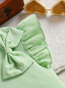 Elladie kids Girls' Cute Versatile Solid Color Ribbed Cap Sleeve Round Neck Bow T-Shirt, Suitable For Daily Wear, Gatherings, Outdoor Activities. It Not Only Has A Fashionable Feel But Also Is Comfortable To Wear, Showcasing The Lively, Cute And Sweet Vibe Of Girls In Summer. Young Girl Tshirts