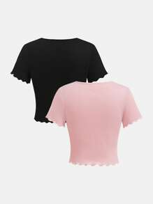 SHEIN Girlism 2pcs Tween Girls Casual Solid Color Knit Crew Neck Contrast Bow Decor Short Sleeve Cute Top Set