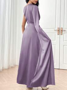 Modelyn Gaun Malam Panjang Wanita Warna Polos Asimetris dengan Rumbai Elegan Warna Biru - Dusty Purple - View 6