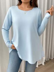 Firerie Plus Size Elegant Casual Loose Fitting Solid Color Long Sleeve Round Neck Basic Layering T-Shirt, Suitable For Vacation & Home Wear Spring Fall - Baby Blue - View 7