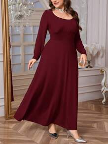 Firerie Plus Size Women's Casual Elegant Minimalist Commuting Daily Wear Square Collar Ruched Tie Long Sleeve Elastic A-Line Dress, Spring/,New Year Formal Red Dresses For Women - Red - View 4