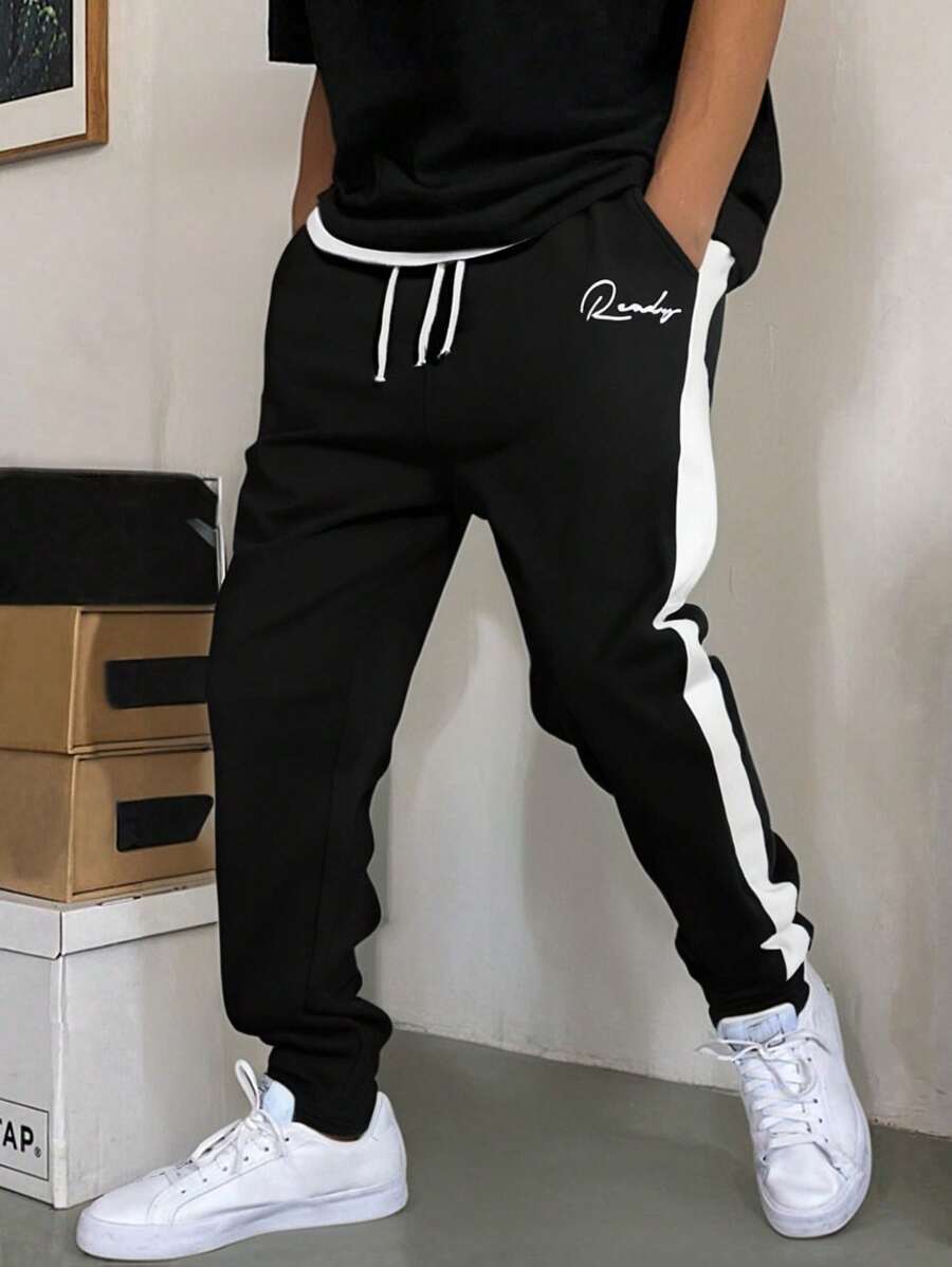 EURMUSE Men Cottonline White Striped Letter Printed Regular Sweatpants - Black - View 1