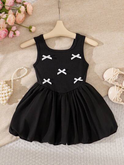 SHEIN فستان أسود بدون أكمام مناسب للبنات الصغار في الصيف، فستان تول أميري فاخر مزين بالفراشات، مطوي في الخصر