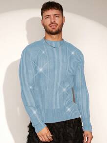 Manfinity Fever City Men's Knitted Solid Long Sleeve Minimalist Top, Suitable For Summer - Baby Blue - View 4