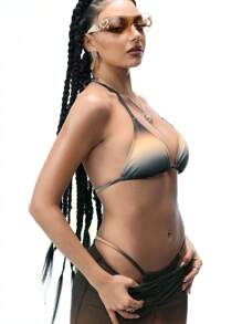 Swim EVENT 3pcs/Set Summer Beach Music Festival Unconventional Sexy Ombre Print Tie Bikini Set - Multicolor - View 5