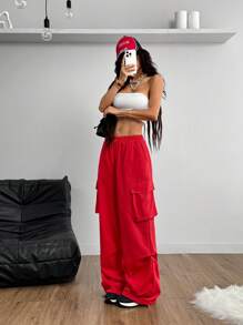 Coolane Pantalones cargo con bolsillo de solapa rojo, cordón en la cintura