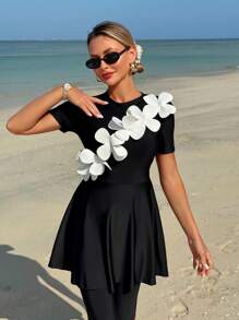 Swim Shayni 2pcs Set Elegant Beach Conservative Solid Color Small Round Neck Front Cutout Ruffled Hem Top And Solid Color 5 Inch Pants Burkini Swimwear For Summer Beach Vacation