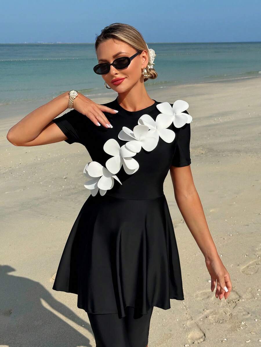 Swim Shayni 2pcs Set Elegant Beach Conservative Solid Color Small Round Neck Front Cutout Ruffled Hem Top And Solid Color 5 Inch Pants Burkini Swimwear For Summer Beach Vacation